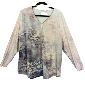 Soft Surrounds Top Women's Size 2X Long Sleeve Zip‎ Down Gray & Cream Pattern